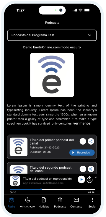 Módulo podcasts nueva app EmitirOnline.com para emisoras de radio. Android y iOS.